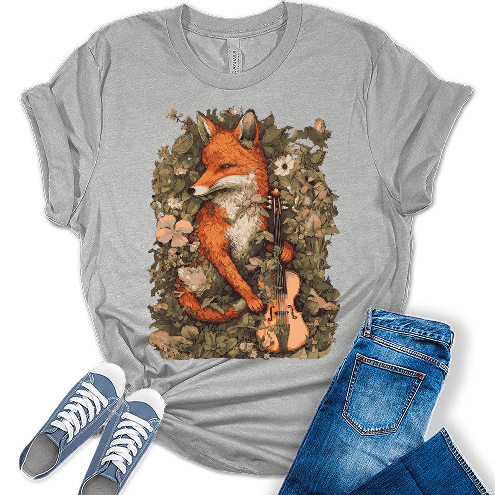 Womens Fox Shirt Cottagecore Aesthetic Cute Animal Holding Violin Tshirts Short Sleeve Bella Graphic Tees Casual Summer Tops