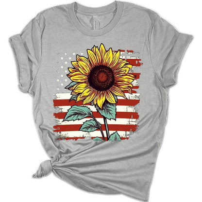 Womens 4th of July Shirts American Flag Sunflower Patriotic Tshirts USA Short Sleeve Casual Graphic Tees Plus Size Tops