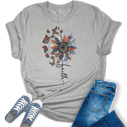 Womens 4th of July Faith Sunflower Butterflies Patriotic American Short Sleeve Vintage Graphic Tees