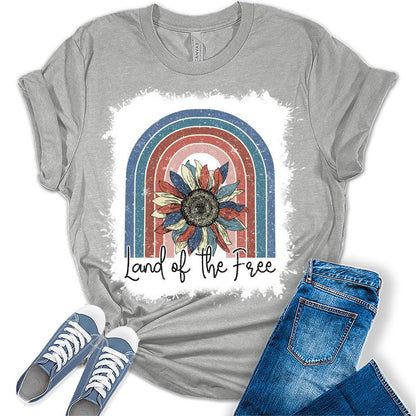 Womens 4th of July Shirts Land of The Free Patriotic American Mom Sunflower Short Sleeve Vintage Graphic Tees