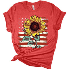 Womens 4th of July Shirts American Flag Sunflower Patriotic Tshirts USA Short Sleeve Casual Graphic Tees Plus Size Tops