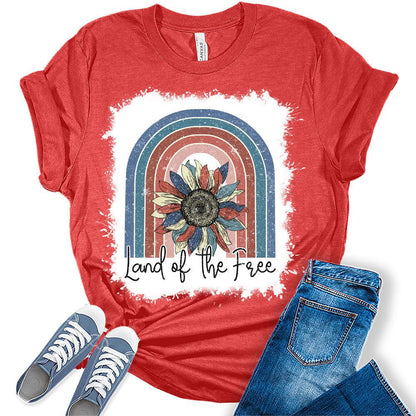 Womens 4th of July Shirts Land of The Free Patriotic American Mom Sunflower Short Sleeve Vintage Graphic Tees