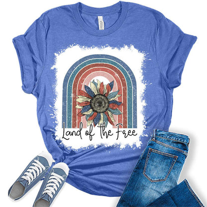 Womens 4th of July Shirts Land of The Free Patriotic American Mom Sunflower Short Sleeve Vintage Graphic Tees