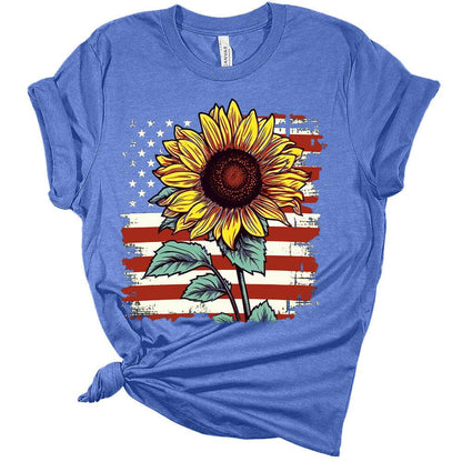 Womens 4th of July Shirts American Flag Sunflower Patriotic Tshirts USA Short Sleeve Casual Graphic Tees Plus Size Tops