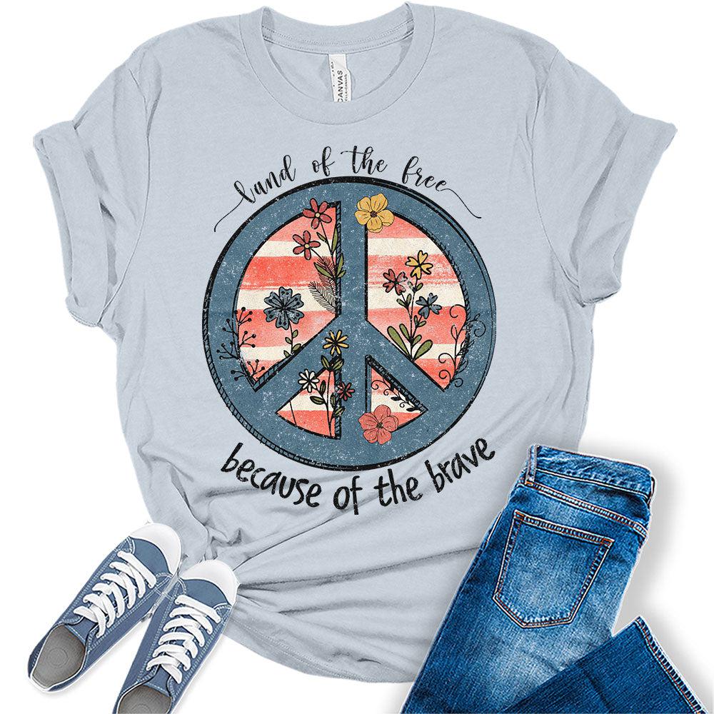 Womens Land of The Free Patriotic Floral Peace American 4th of July Shirts Short Sleeve Vintage Graphic Tees