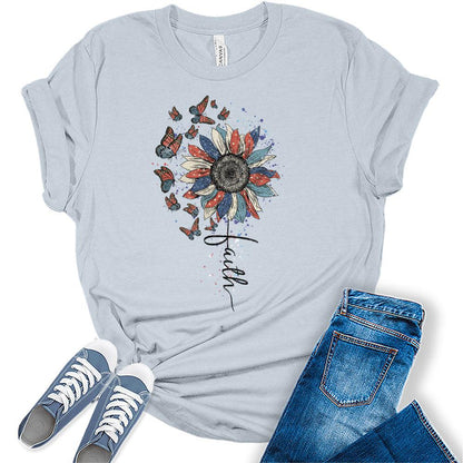 Womens 4th of July Faith Sunflower Butterflies Patriotic American Short Sleeve Vintage Graphic Tees