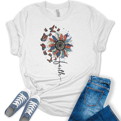 Womens 4th of July Faith Sunflower Butterflies Patriotic American Short Sleeve Vintage Graphic Tees