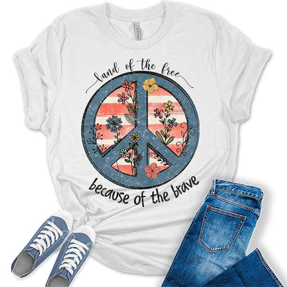 Womens Land of The Free Patriotic Floral Peace American 4th of July Shirts Short Sleeve Vintage Graphic Tees