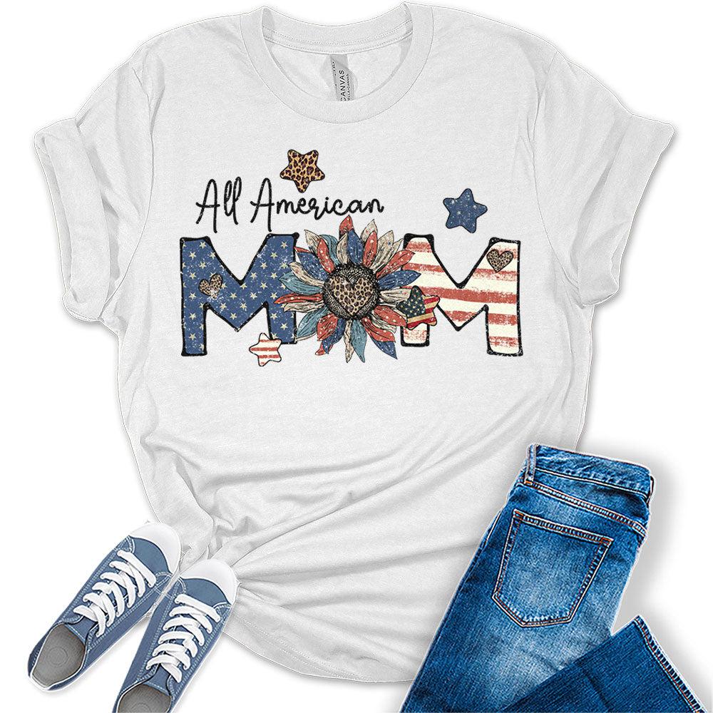 Womens 4th of July All American Mom Sunflower Retro Graphic Shirt