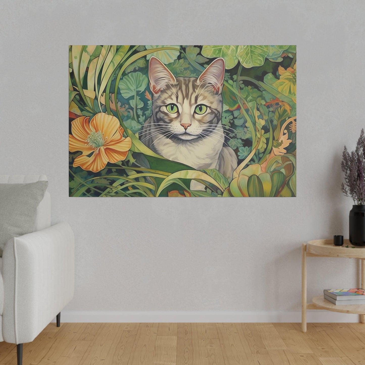 Tropical Floral Cat Stretched Canvas Print .75" Thick