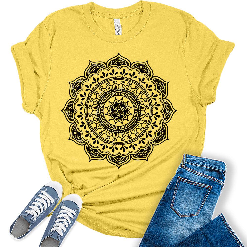 Womens Mandala Flower Vintage Shirt Casual Bella Graphic Tees Short Sleeve Plus Size Vacation Classic-Fit Summer Tops