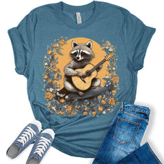 Cottagecore Raccoon Playing Guitar Floral T-Shirt