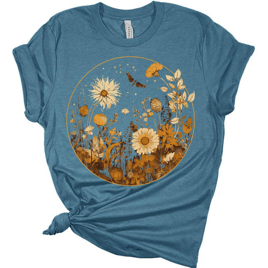 Wildflower Tshirt for Women Vintage Plant Graphic Tees Sunflower Grow Positive Thoughts Shirt Girls Short Sleeve Casual Tee