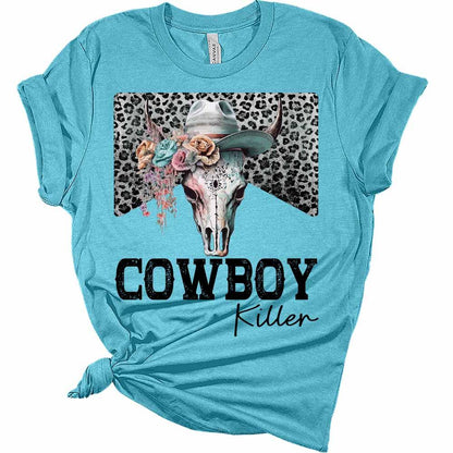 Womens Cowboy Killer T-Shirt Cute Western Shirt Casual Graphic Tee Short Sleeve Top