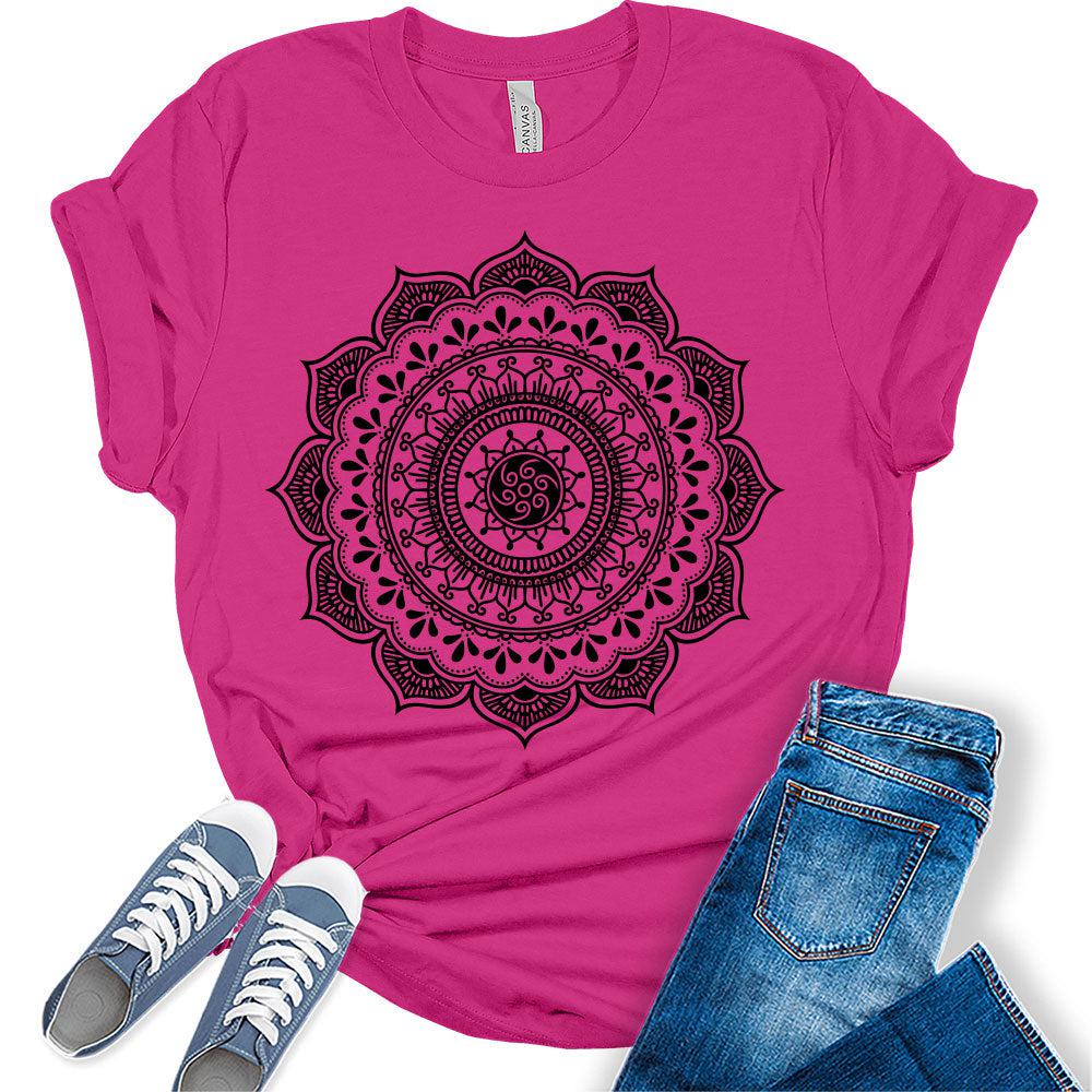 Womens Mandala Flower Vintage Shirt Casual Bella Graphic Tees Short Sleeve Plus Size Vacation Classic-Fit Summer Tops