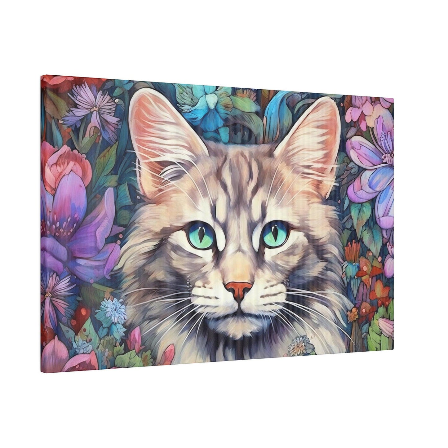 Purple Floral Cat Watercolor Stretched Canvas Print .75" Thick