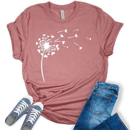 Womens Dandelion Shirt Casual Ladies Cute Floral Graphic Tees Spring Short Sleeve Plus Size Summer Tops for Women