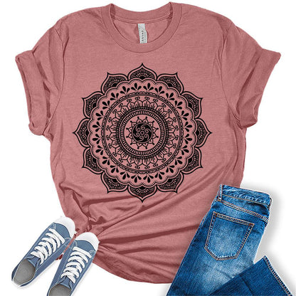 Womens Mandala Flower Vintage Shirt Casual Bella Graphic Tees Short Sleeve Plus Size Vacation Classic-Fit Summer Tops