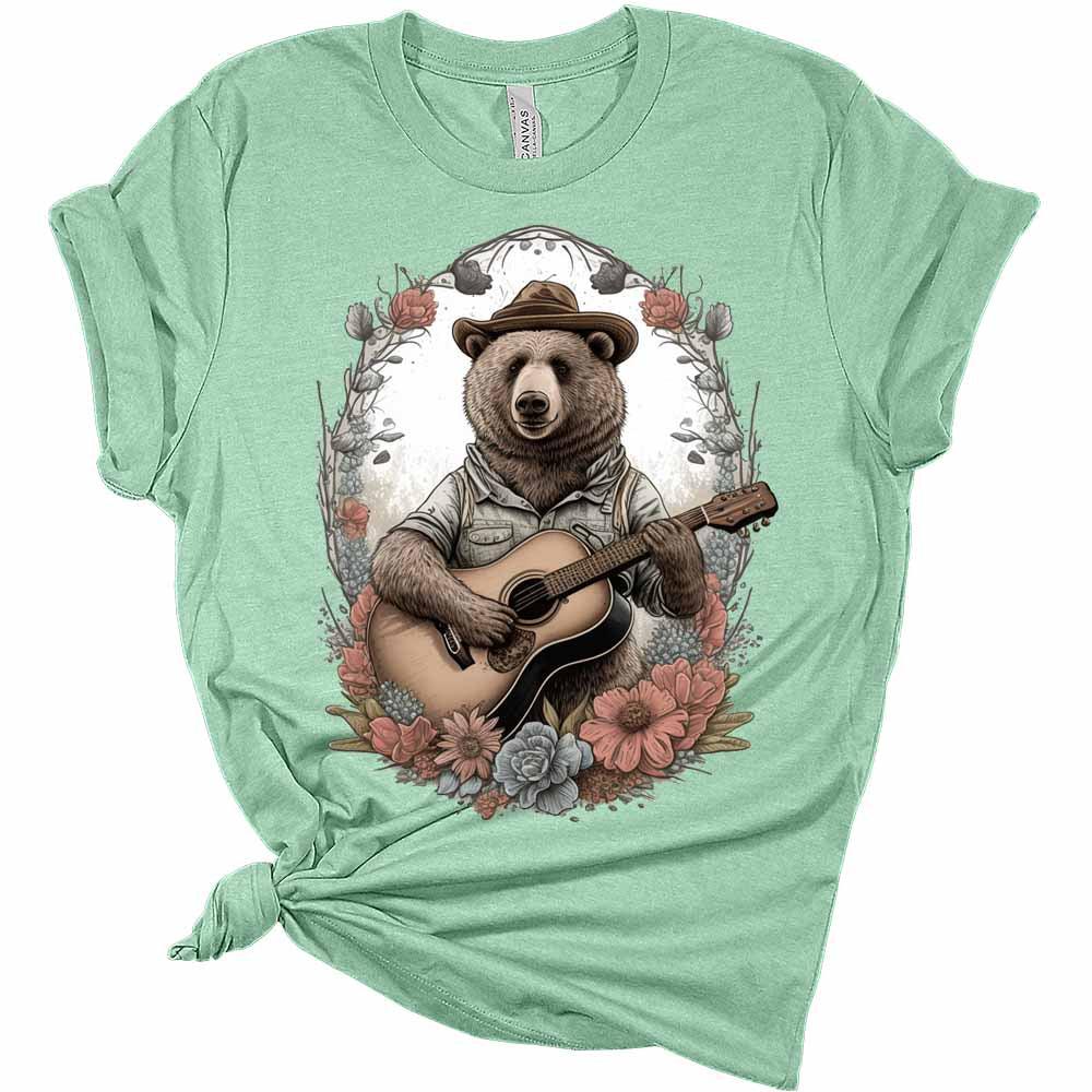 Womens Cottagecore Shirt Bear Playing Guitar T-Shirt Cute Floral Graphic Tee Short Sleeve Top