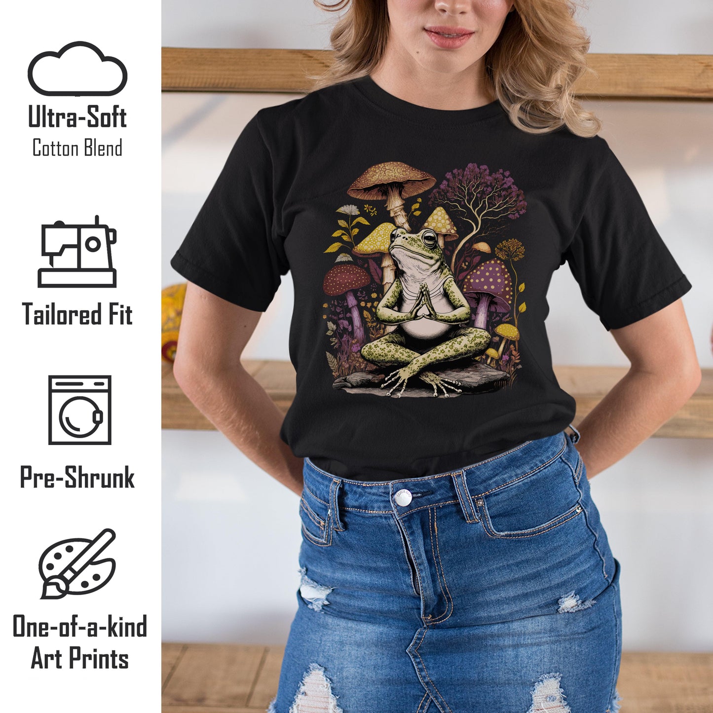 Frog In Peaceful Mushroom Garden Zen Yoga Shirt Womens Cottagecore Aesthetic T-Shirt