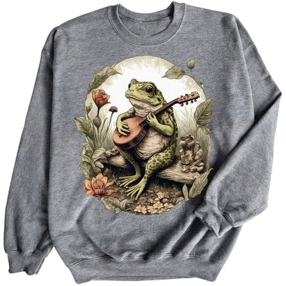 Frog Playing Music Sitting On Log Crewneck Sweatshirt