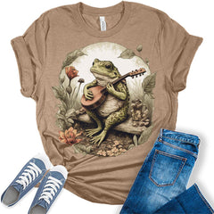 Cottagecore Aesthetic Frog Playing Instrument On Log T-Shirt Women's Graphic Print Bella Asthetic Top