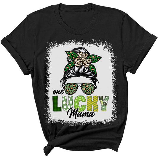 Womens One Lucky Mama Shirt Leopard Shamrock St Patricks Day Mom T-Shirt Irish Graphic Print Tee