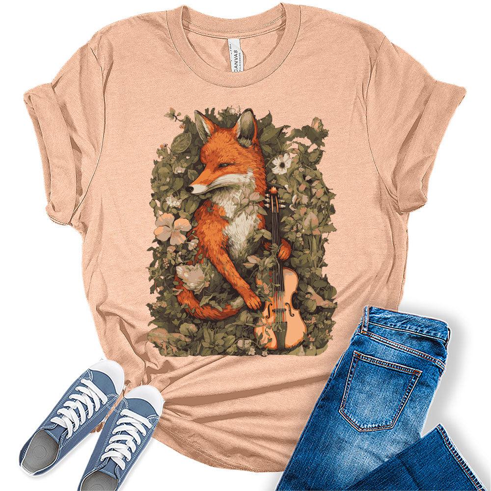 Fox Holding Violin Shirt Womens Cottagecore Aesthetic T-Shirt