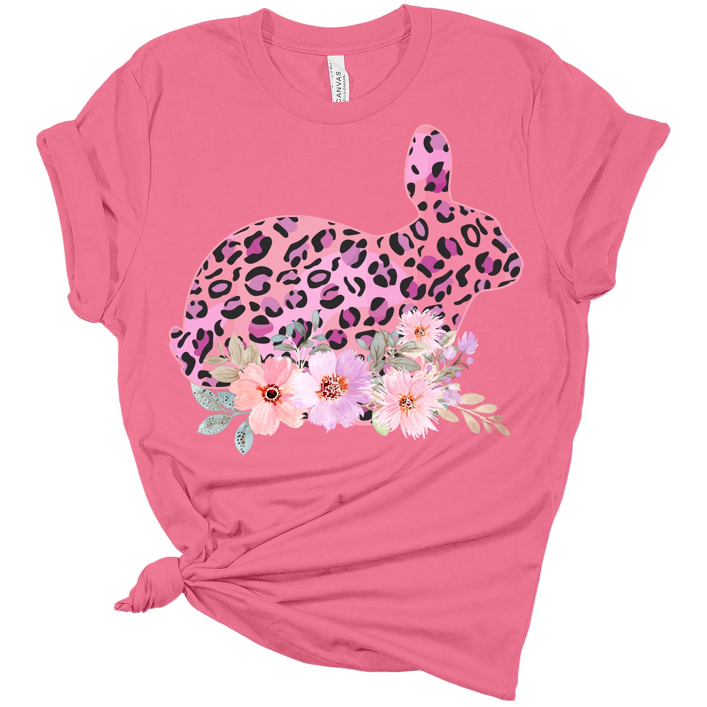 Cute Easter Bunny Flower Bed Leopard Print Women's Bella Easter T-Shirt