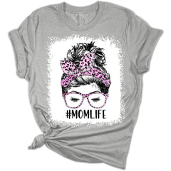 Mom Life Bleached Print Shirt With Hair Bun Leopard Print Women's Bella Mom T-Shirt