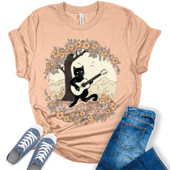 Cat Playing Guitar Floral Shirt Womens Cottagecore Aesthetic T-Shirt