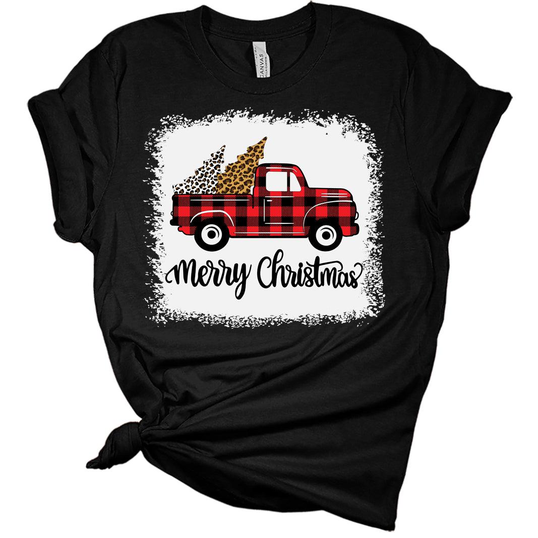 Christmas Tree Red Truck Pajama Vintage Buffalo Plaid Truck Bleach Print Bella T-Shirt