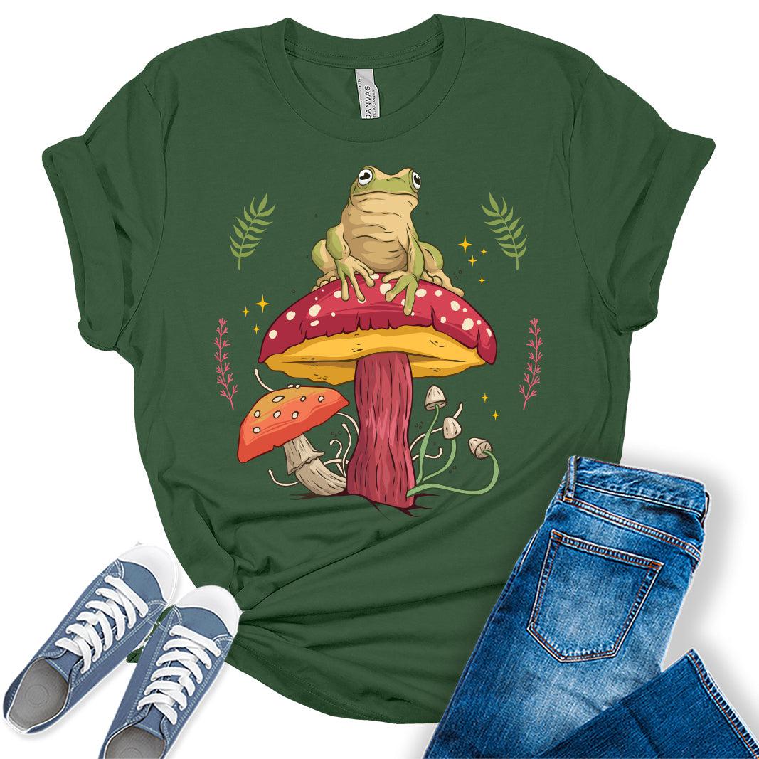 Frog On Mushroom Shirt Womens Cottagecore Shirts Cute Graphic Aesthetic T-Shirt