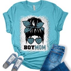 Women's Boy Mom Shirt Mama T Shirts Funny Messy Bun Mom Graphic Print Tees