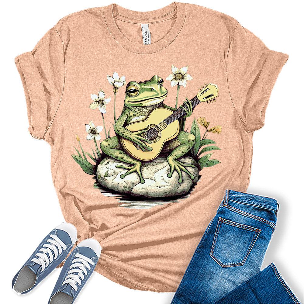 Frog Playing Guitar Floral Shirt Womens Cottagecore Aesthetic T-Shirt