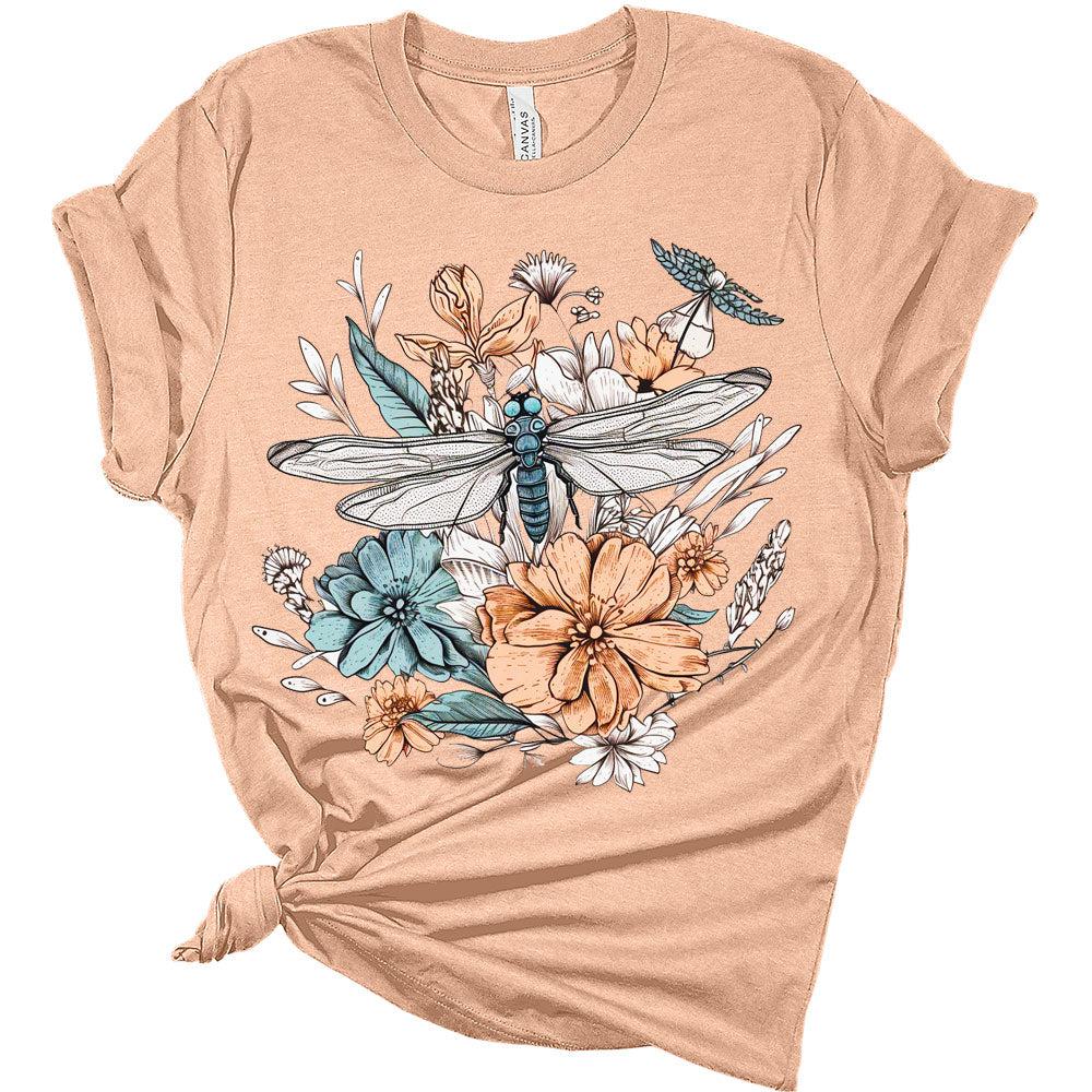 Womens Dragonfly Shirt Cute Cottagecore Floral Aesthetic Girls Graphic T-Shirt Short Sleeve Top