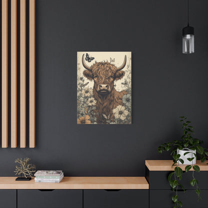 Highland Cow in a Spring Pasture Stretched Canvas Print Stretched 1.25" Thick