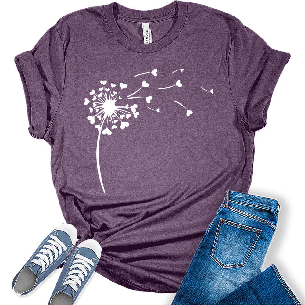 Womens Dandelion Shirt Casual Ladies Cute Floral Graphic Tees Spring Short Sleeve Plus Size Summer Tops for Women