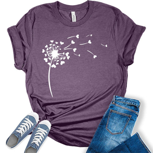Womens Dandelion Shirt Casual Ladies Cute Floral Graphic Tees Spring Short Sleeve Plus Size Summer Tops for Women