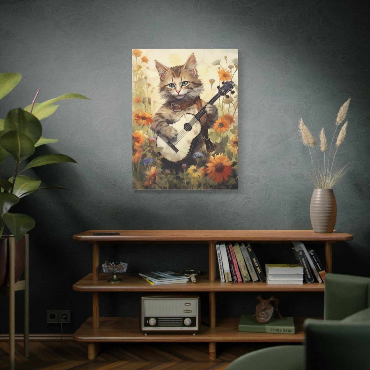 Cat Playing Music Floral Stretched Canvas Print 1.25" Thick