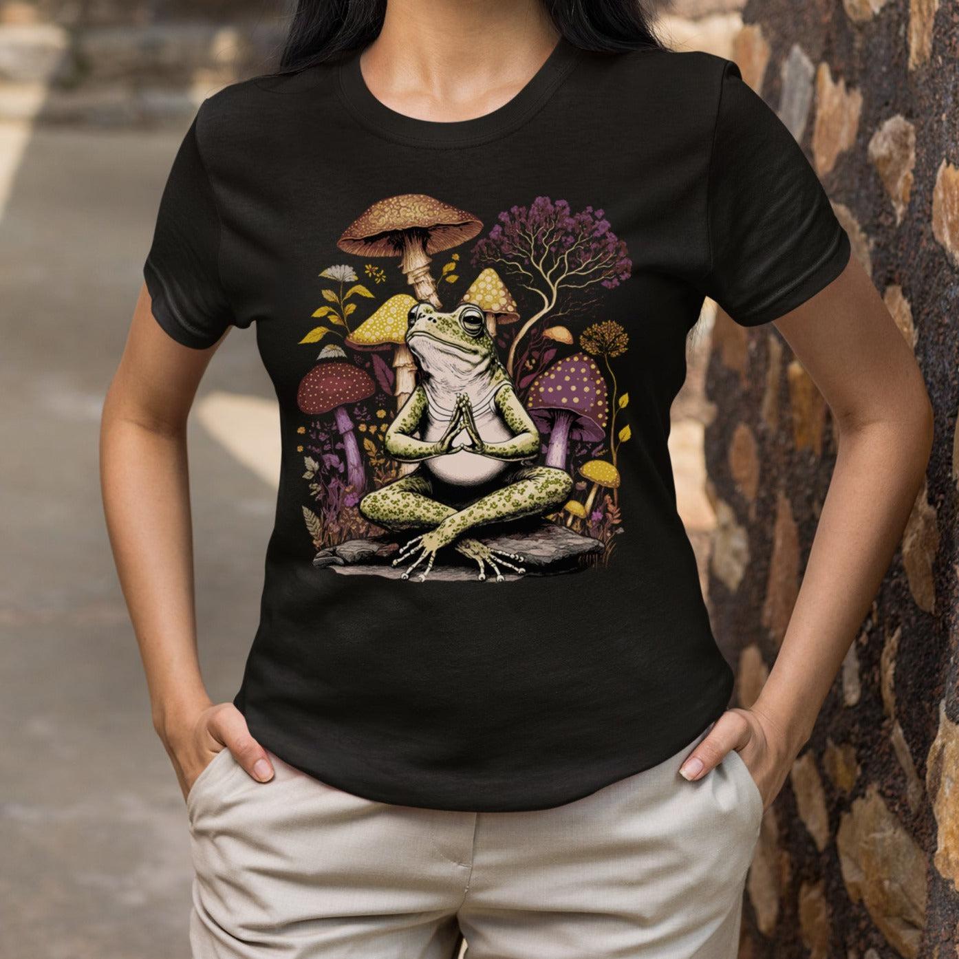 Frog In Peaceful Mushroom Garden Zen Yoga Shirt Womens Cottagecore Aesthetic T-Shirt