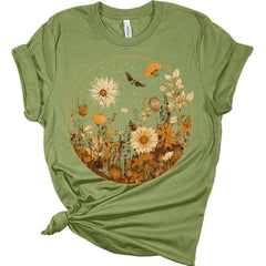 Wildflower T Shirt for Women Vintage Plant Graphic Tees Sunflower Grow Positive Thoughts Shirt Girls Short Sleeve Casual Tees