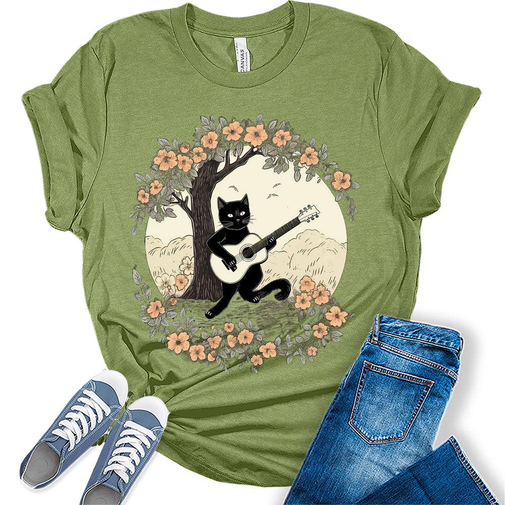 Cat Playing Guitar Floral Shirt Womens Cottagecore Aesthetic T-Shirt