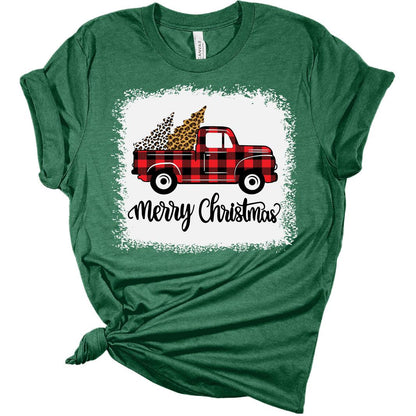 Christmas Tree Red Truck Pajama Vintage Buffalo Plaid Truck Bleach Print Bella T-Shirt