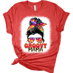 Womens Groovy Mama Shirt Messy Bun Retro 70s Mom T Shirt Bella Mama Summer Graphic Tees