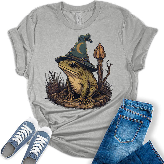 Frog Shirt Womens Cottagecore Wizard Frog Halloween Shirts Cute Fall Clothes Graphic Aesthetic Tees