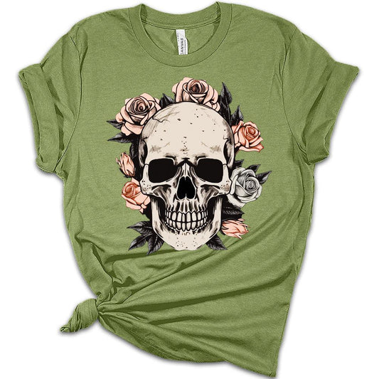 Womens Cottagecore Skull Shirt Cute Aesthetic Floral Girls Graphic Tee Short Sleeve Top