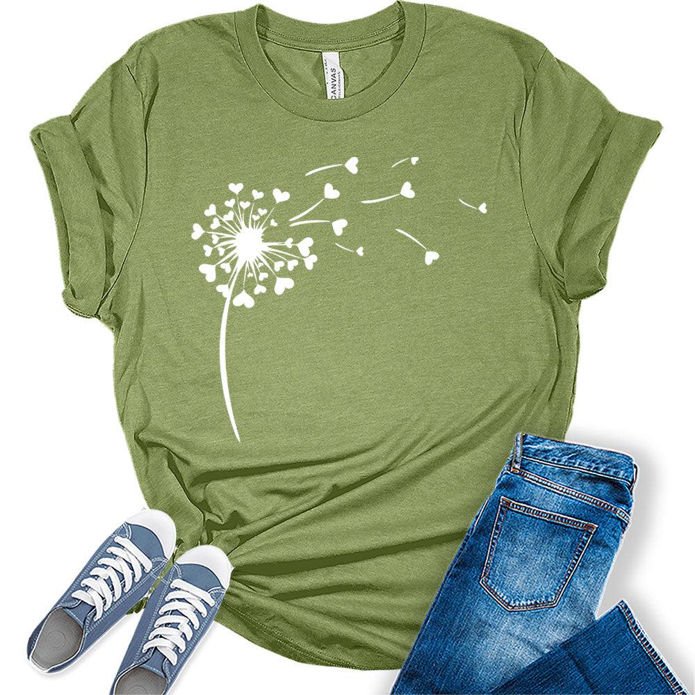 Womens Dandelion Shirt Casual Ladies Cute Floral Graphic Tees Spring Short Sleeve Plus Size Summer Tops for Women