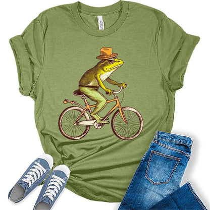 Womens Frog Shirt Cottagecore Aesthetic Frog Riding Bike With Hat T-Shirt Cute Short Sleeve Graphic Tees Plus Size Summer Tops