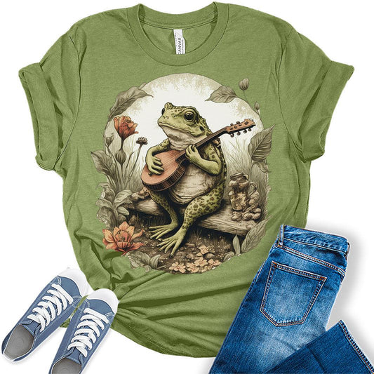 Cottagecore Shirt Aesthetic Frog Playing Banjo On Log T-Shirt Women's Graphic Tee Bella Top